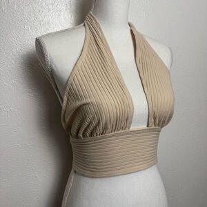 Callahan Knitwear Sandy Ribbed Halter Deep Plunge Crop Top